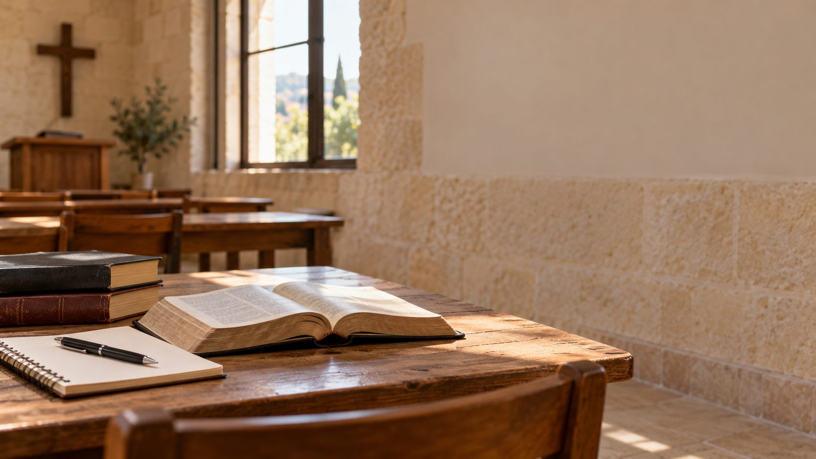 كتاب مقدس مفتوح وأدوات دراسة على طاولة